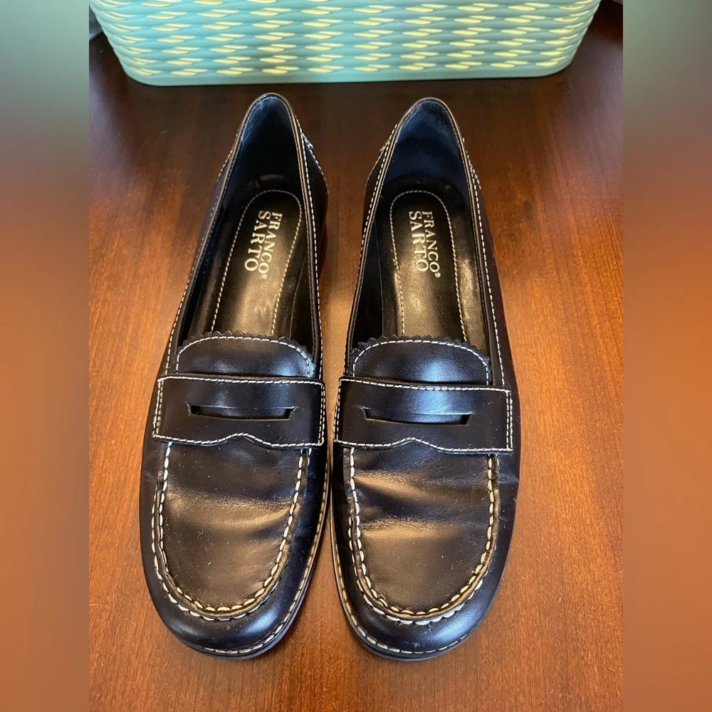 Franco Sarto Black Leather Loafers with White Stitching